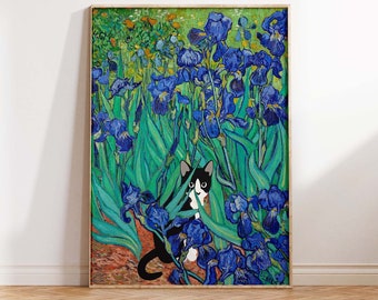 Van Gogh Print, Van Gogh Art Print, Irises and a Cat Print, Van Gogh Poster, Van Gogh Art, Van Gogh Cat Wall Art Poster Print Sizes A2 A3 A4