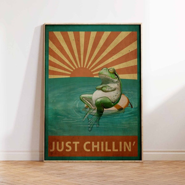 Just Chillin Frog Poster, Vintage Frog Art, Vintage Frog Print, Funny Frog Print, Funny Frog Art, Frog Print, Gift, Wall Art  Sizes A2 A3 A4