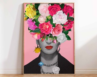 Frida Floral Poster, Frida with Roses, Modern Art Print, Pink Art Poster, Frida poster, Frida Print - Wall Art Poster Print - Sizes A2/A3/A4