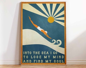 affiche vintage, affiche de natation, plongeur, dans la mer, je vais perdre la tête et trouver mon âme, idée cadeau, impression d'art mural affiche tailles A2/A3/A4