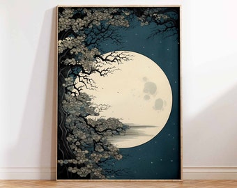 Moon Illustration Print, Japanese Art Print, Vintage Moon Print, Vintage Moon Print, Moon Art, Moon Wall Art Poster Print, Sizes A2 A3 A4
