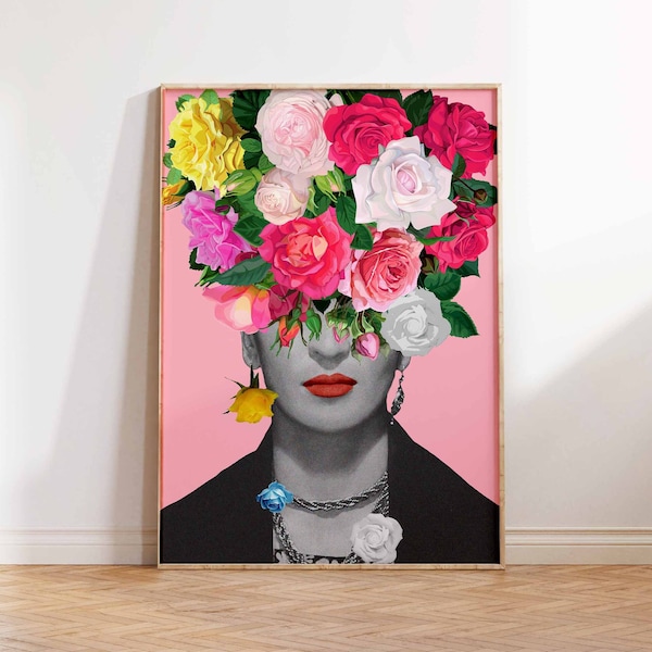 Frida Floral Poster, Frida with Roses, Modern Art Print, Pink Art Poster, Frida poster, Frida Print - Wall Art Poster Print - Sizes A2/A3/A4