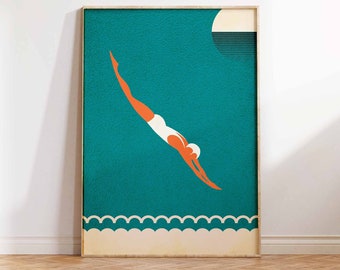 Konsttryck med dykare, poster med simning, maritimt tryck, vintagetryck med dykare, modernt konsttryck med simning, väggkonstposter - storlekar A2 A3 A4