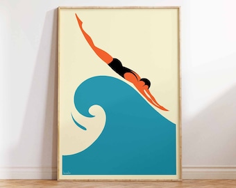 The Seaside is Calling Poster, Swimming Art Print, Diver Art Print, Diver Poster, Art Deco,  Gift - Wall Art Poster Print - Sizes A2/A3/A4