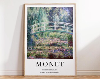 Monet White Water Lilies Print, Claude Monet Print, Monet Japanese Bridge, Monet Vintage Poster, Monet Wall Art Poster Print  Sizes A2 A3 A4