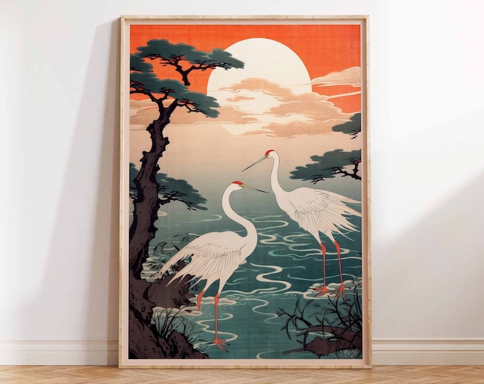 Impresión de grúas al amanecer, impresión de arte japonés, impresión japonesa, arte japonés vintage, grúa japonesa, póster de arte de pared de Japón tamaños de impresión A2A3A4