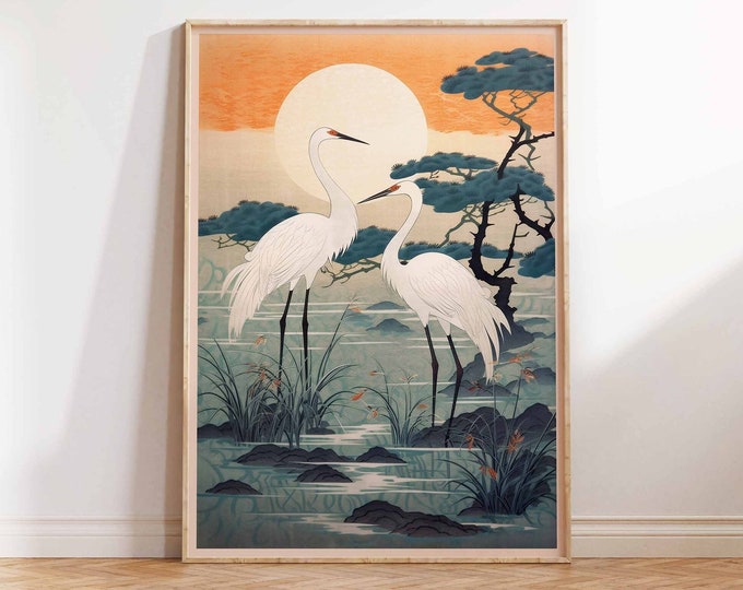 Impresión de grúas al amanecer, impresión de arte japonés, impresión japonesa, arte japonés vintage, grúa japonesa, póster de arte de pared de Japón tamaños de impresión A2A3A4