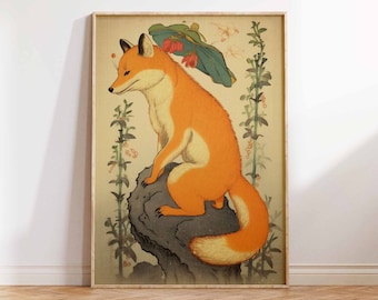 Japanese Art Print, Dancing Fox with Lotus Leaf Hat, Japanese Print, Japanese Poster, Fox Art Print, Wall Art Poster Print - Sizes A2/A3/A4