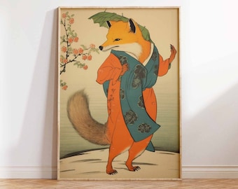 Japanese Art Print, Dancing Fox with Lotus Leaf Hat, Japanese Print, Japanese Poster, Fox Art Print, Wall Art Poster Print - Sizes A2/A3/A4
