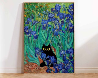 Van Gogh Print, Van Gogh Art Print, Irises and a Cat Print, Van Gogh Poster, Van Gogh Art, Van Gogh Cat Wall Art Poster Print Sizes A2 A3 A4