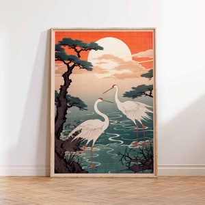 Cranes at Sunrise Print, Japanese Art Print, Japanese Print, Vintage Japanese Art, Japanese Crane, Japan Wall Art Poster Print Sizes A2A3A4