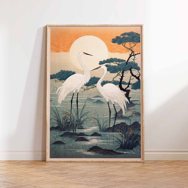 Impression de grues au lever du soleil, impression d'art japonais, impression japonaise, art japonais vintage, grue japonaise, affiche d'art mural Japon impression tailles A2A3A4