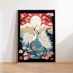 Grúas al amanecer Impresión de arte japonés Impresión japonesa Vintage Arte japonés Regalo de grúa japonesa Japón Arte de pared Póster Tamaños de impresión A2A3A4