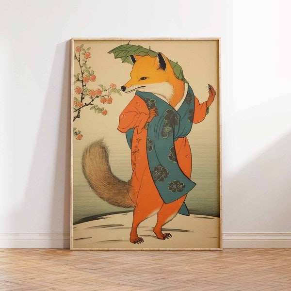 Japanese Art Print, Dancing Fox with Lotus Leaf Hat, Japanese Print, Japanese Poster, Fox Art Print, Wall Art Poster Print - Sizes A2/A3/A4