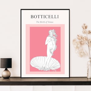 Puede incluir: Un dibujo en blanco y negro de la Nacimiento de Venus de Botticelli sobre un fondo rosa. El t&iacute;tulo "Botticelli" y "El Nacimiento de Venus" est&aacute;n impresos en negro en la parte superior de la imagen.