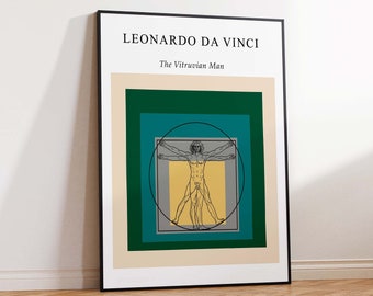 Vitruvian Man Leonardo Da Vinci Statue art Blue Green Abstract Artwork Museum Colour Block  Print Wall Art Poster Print - Sizes A2 A3 A4