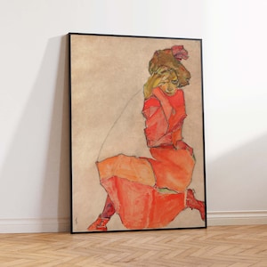 Kniende Frau in orange rotem Kleid, Egon Schiele Druck, Schiele Kunst, Schiele Kunstdruck, Geschenk, Schiele Wand Kunst Poster Größen A2/A3/A4