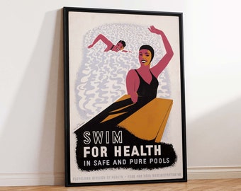 Simma för hälsan Konsttryck för simning Simposter Simlektionstryck Vintage konsttryck för simning Väggkonst för simning Storlekar A2 A3 A