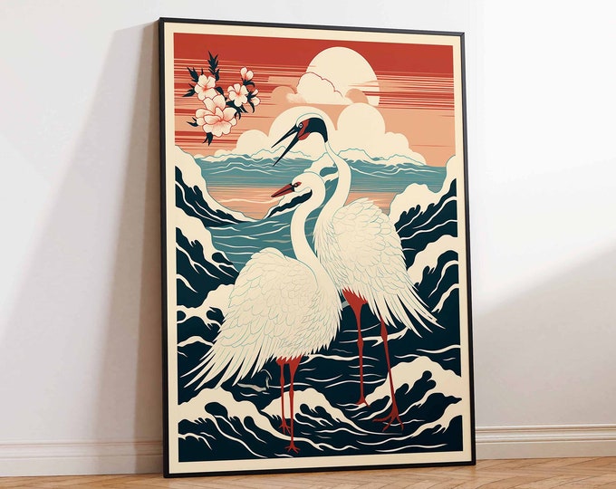 Cranes at Sunrise Print, Japanese Art Print, Japanese Print, Vintage Japanese Art, Japanese Crane, Japan Wall Art Poster Print Sizes A2A3A4