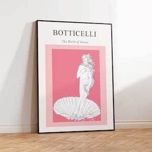 Puede incluir: Un p&oacute;ster enmarcado en negro con fondo rosa que presenta un dibujo lineal del Nacimiento de Venus de Botticelli.