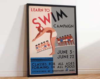 Learn To Swim, Swimming Lesson Art Print Swimming Poster Swimming Class Print Vintage Swimming Art Print Wall Art Poster Print Sizes A2 A3 A