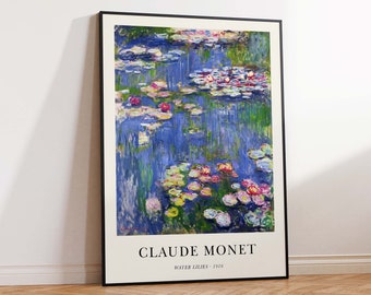 Puede incluir: Una impresión enmarcada de la pintura de Claude Monet, Nenúfares. La pintura representa un estanque con nenúfares y nenúfares en tonos de azul, verde, rosa y blanco.