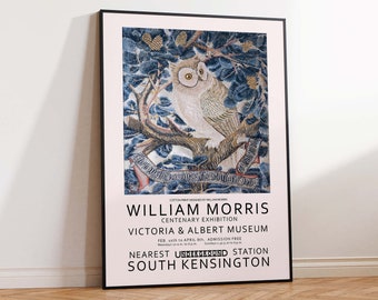 William Morris Print,  Morris Exhibition Poster, Vintage Owl Print, Floral Art, Bird Art Print, Morris Wall Art Poster Print Sizes A2/A3/A4