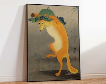 Japanese Art Print, Dancing Fox with Lotus Leaf Hat, Ohara Koson Print, Japanese Print, Animal Print, Wall Art Poster Print - Sizes A2/A3/A4