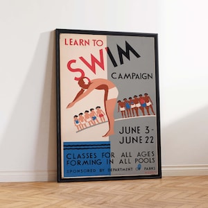 Learn To Swim, Swimming Lesson Art Print Swimming Poster Swimming Class Print Vintage Swimming Art Print Wall Art Poster Print Sizes A2 A3 A