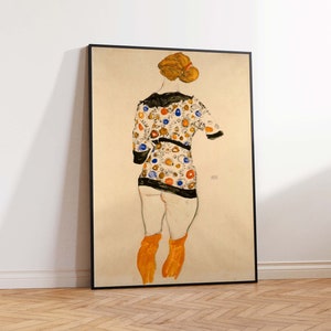 Egon Schiele - Standing Woman in a Patterned Blouse Poster Print, Schiele Art - Fine Art Gift Idea - Wall Art Poster Print - Sizes A2/A3/A4