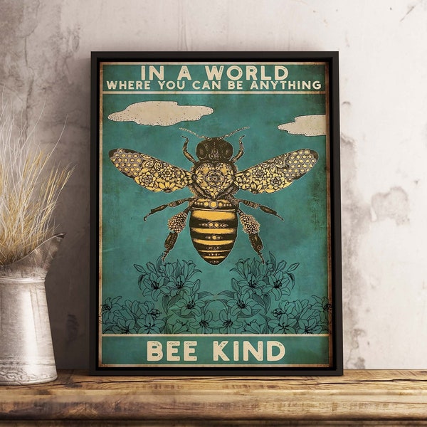 Be Kind Poster, Bee Kind Floral Art Poster, Honey Bee Print, Vintage Poster, Modern Print - Gift Idea- Wall Art Poster Print- Sizes A2/A3/A4