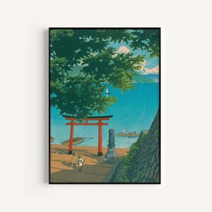 May include: A traditional Japanese woodblock print depicting a red torii gate, a stone statue, and a small boat on a blue body of water. Lush green trees frame the scene, with a mountain range in the distance.