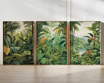 Puede incluir: Tres impresiones enmarcadas de una exuberante escena de selva tropical con follaje verde vibrante, palmeras y un vistazo a un río en la distancia.