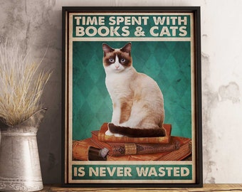 Time Spent with Books and Cats is Never Wasted, Cat Poster, Cat Print, Book Lover Art Print, Cat Lover Wall Art Poster Print  Sizes A2 A3 A4
