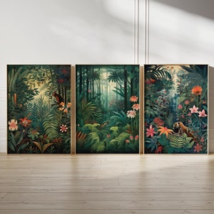 Henri Rousseau Floral Set of 3 Floral Posters Boho Leaf Tropical Jungle Aesthetic Tropical Decor Jungle Wall Art Poster Print Sizes A2 A3 A4
