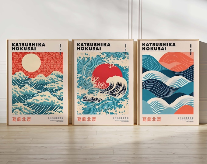 ORIGINAL Set of Three Japanese Posters Hokusai Great Wave Print Waves Print Woodblock Print Japanese Ukiyoe Art Wall Art Poster Print