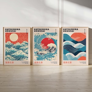Set of Three Japanese Posters Hokusai Great Wave Print Waves Print Woodblock Print Japanese Ukiyoe Art Wall Art Poster Print Sizes A2 A3 A4