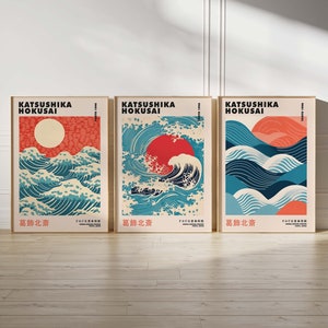 Conjunto ORIGINAL de tres carteles japoneses Impresión de la Gran Ola de Hokusai Impresión de olas Impresión en madera Arte japonés Ukiyoe Impresión de póster de arte de pared