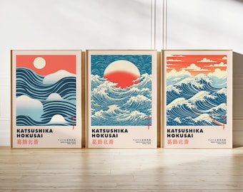 Set of Three Japanese Posters Hokusai Great Wave Print Waves Print Woodblock Print Japanese Ukiyoe Art Wall Art Poster Print Sizes A2 A3 A4