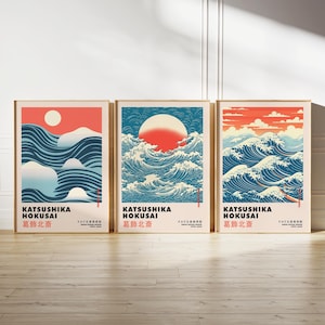 Set of Three Japanese Posters Hokusai Great Wave Print Waves Print Woodblock Print Japanese Ukiyoe Art Wall Art Poster Print Sizes A2 A3 A4