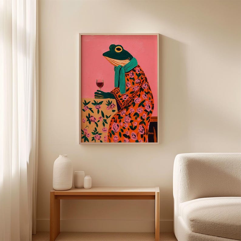 Frog Drinking Wine Poster | Quirky Animal Folk Art Print | Colourful ...