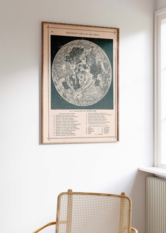 Moon Illustration Print, Telescopic View and Map of the Moon
