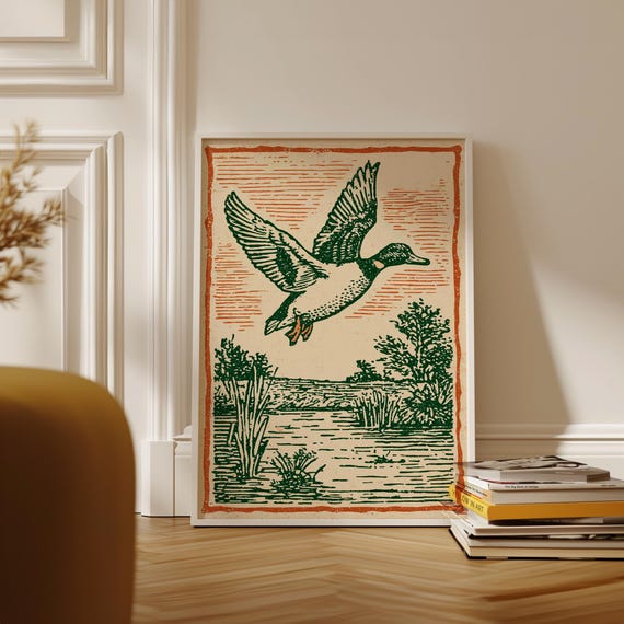 Flying Duck Poster | Green Orange Linocut Art | Retro Marsh Nature