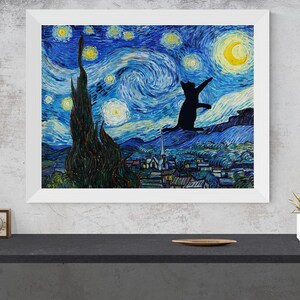 May include: A black cat silhouette jumps towards a yellow crescent moon in a starry night sky. The painting is a recreation of Vincent van Gogh's "Starry Night" with a whimsical twist.