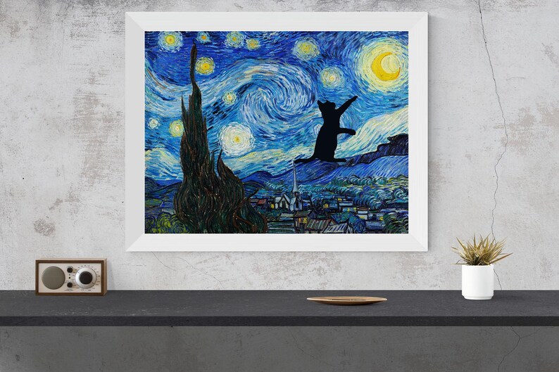 May include: A black cat silhouette jumps towards a yellow crescent moon in a starry night sky. The painting is a recreation of Vincent van Gogh's "Starry Night" with a whimsical twist.