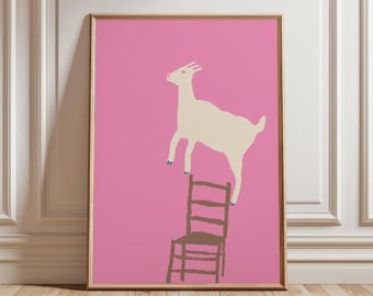 Póster de cabra en una silla / Ilustración animal minimalista / Arte mural rosa de estilo naive