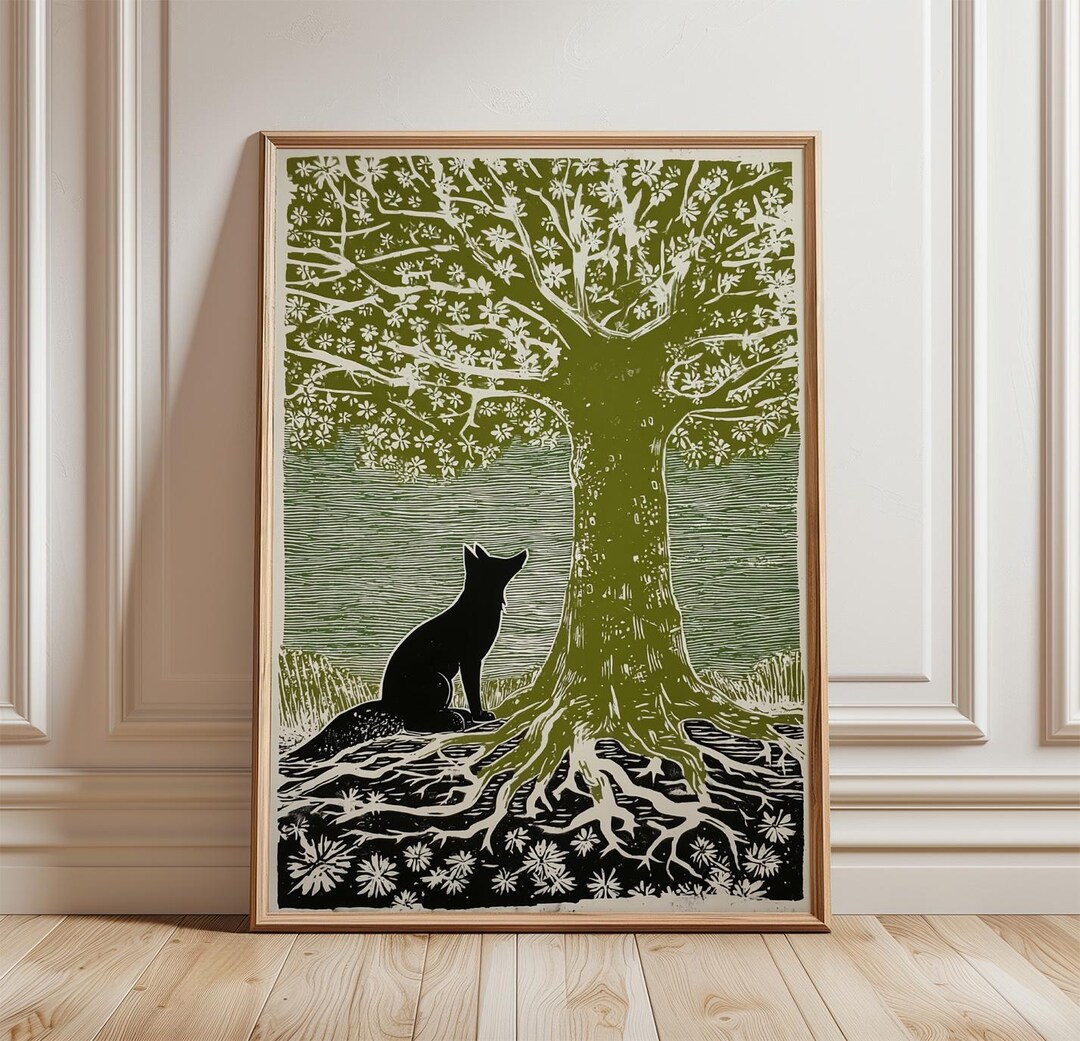 Green Woodland Fox Poster | Tree Root Nature Art Print | Linocut Style ...