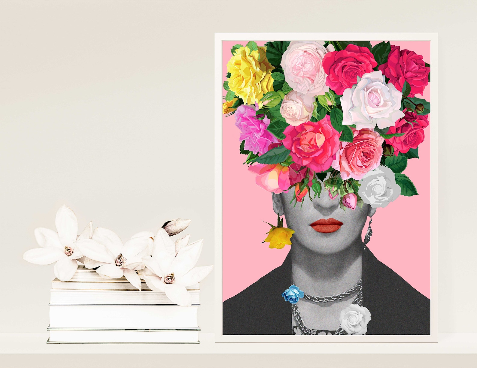 Frida Floral Poster Frida With Roses Modern Art Print Pink Etsy UK