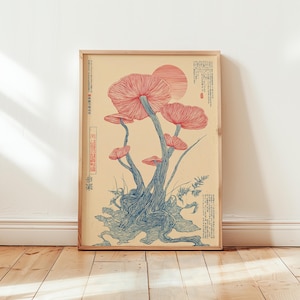 Póster de hongos japoneses / Ilustración botánica lineal / Estilo científico vintage