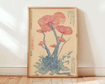 Japanese Mushroom Poster | Botanical Line Art Illustration | Vintage Scientific Style
